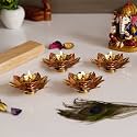 eCraftIndia Golden Lotus Flower Shape Decorative Brass Diya for Diwali Pooja (4, Golden Lotus Flower)