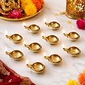 eCraftIndia Golden Lotus Flower Shape Decorative Brass Diya for Diwali Pooja (10, Handcrafted Designer Brass Diya)