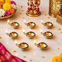 eCraftIndia Golden Lotus Flower Shape Decorative Brass Diya for Diwali Pooja (10, Handcrafted Designer Brass Diya)