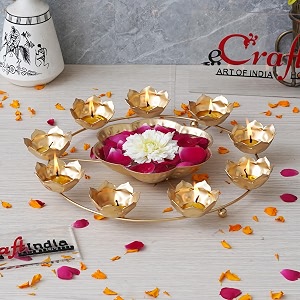 ecraftindia golden metal handcrafted 9 lotus shape decorative urli bowl for floating flowers - christmas wedding diwali festival decoration item for home office