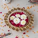 eCraftIndia Golden Metal Handcrafted Beautiful Floral Decorative Urli with 18 Rose Flowers Border - Urli Bowl for Floating Flowers - Christmas, Diwali Festival Decoration Item