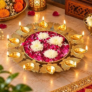 ecraftindia golden metal handcrafted decorative lotus urli with 10 diyas - urli bowl for home decor - urli for floating flowers - diwali decoration items for home decor - housewarming diwali gift