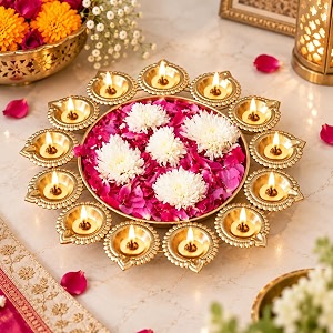 ecraftindia diya shape flower decorative urli bowl for homedecor with 13 diyas  diya urli for floating flowers amp tea light candles diwali decoration items for home decor 14 inches
