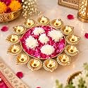 eCraftIndia Diya Shape Flower Decorative Urli Bowl for HomeDecor with 13 Diyas | Diya Urli for Floating Flowers &amp; Tea Light Candles| Diwali Decoration Items for Home Decor (14 Inches)