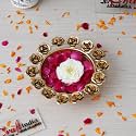 eCraftIndia Golden Metal Handcrafted Floral Decorative Urli with 18 Rose Flowers Border - Urli Bowl for Floating Flowers - Christmas, Wedding, Diwali Festival Decoration Item
