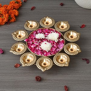 ecraftindia golden metal handcrafted flower decorative urli bowl for home decor - urli for floating flowers - diwali decoration items for home decor - housewarming diwali gift