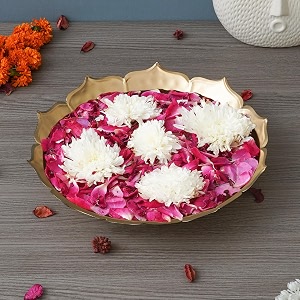 ecraftindia golden metal handcrafted lotus flower shape designer urli - perfect for home office wedding diwali festival decor - urli showpiece for floating flowers