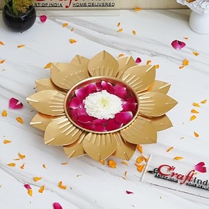 ecraftindia golden metal handcrafted peacock decorative urli with 8 tea light candle holders  christmas wedding diwali decoration item for home office living room  best gift