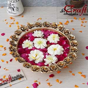 ecraftindia golden metal handcrafted lotus shape decorative urli bowl for floating flowers home office and table decor size 14inches