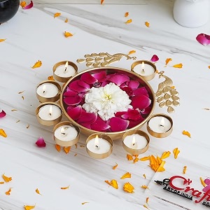 ecraftindia golden metal handcrafted peacock decorative urli with 8 tea light candle holders  christmas wedding diwali decoration item for home office living room  best gift