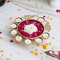 eCraftIndia Golden Metal Handcrafted Peacock Decorative Urli with 8 Tea Light Candle Holders | Christmas Wedding Diwali Decoration Item for Home Office Living Room | Best Gift