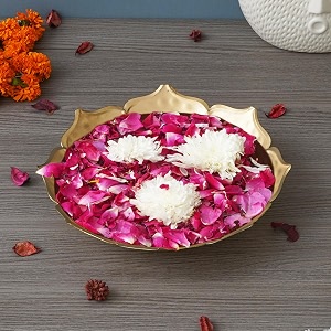 ecraftindia golden metal handcrafted traditional lotus flower shape designer urli - perfect for home office wedding diwali decor - urli showpiece for floating flowers
