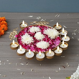 ecraftindia golden metal peacock flower decorative urli bowl for home decor - urli for floating flowers - diwali decoration items for home decor - diwali gift