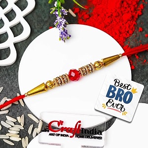 ecraftindia golden red beads designer rakhi for brother with gift combo set hamper  raksha bandhan rakhi for bhai bhaiya kids boy  best bro ever fridge magnet  roli chawal pack