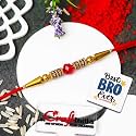 eCraftIndia Golden Red Beads Designer Rakhi for Brother With Gift Combo Set Hamper | Raksha Bandhan Rakhi for Bhai Bhaiya Kids Boy | Best Bro Ever Fridge Magnet | Roli Chawal Pack