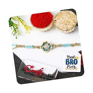 ecraftindia golden sky blue beautiful flowers designer rakhi for brother with gift combo set  raksha bandhan rakhi for bhai bhaiya bhabhi  best bro ever fridge magnet  roli chawal pack