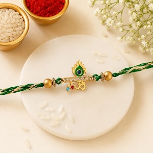 ecraftindia green amp golden om amp peacock feather religious designer rakhi with roli chawal