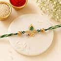 eCraftIndia Green &amp; Golden Om &amp; Peacock Feather Religious Designer Rakhi with Roli Chawal