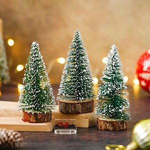 ecraftindia green artificial frosted bottle brush christmas tree wooden base 10cm pack of 3 small christmas tree for table home office church decor merry christmas decorations items christmas gifts