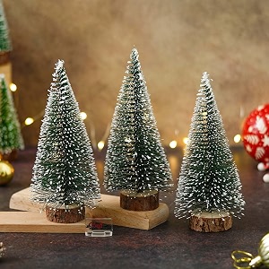 ecraftindia green artificial frosted bottle brush christmas tree wooden base 15cm pack of 3 small xmas tree for table home office church decor merry christmas decorations items gifts