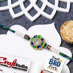 ecraftindia green blue flower designer rakhi for brother with gift combo set  raksha bandhan rakhi for bhai bhaiya  best bro ever fridge magnet  roli chawal pack