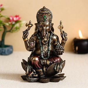 ecraftindia handcrafted polyresin and bronze chaturbhuj lord ganesha idol sitting on lotus flower decorative statue for home office pooja room spiritual spaces - gift for hindu devotees birthday
