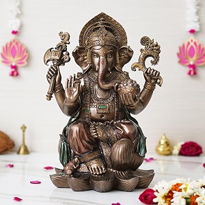 ecraftindia handcrafted resin bronze chaturbhuj lord ganesha idol sitting on lotus flower decorative statue for homeofficepooja roommeditation areasideal gift for hindu devotees118x94cm