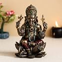 eCraftIndia Handcrafted Polyresin and Bronze Chaturbhuj Lord Ganesha Idol Sitting On Lotus Flower Decorative Statue for Home, Office, Pooja Room, Spiritual Spaces - Gift for Hindu Devotees, Birthday