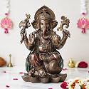 eCraftIndia Handcrafted Resin Bronze Chaturbhuj Lord Ganesha Idol Sitting On Lotus Flower Decorative Statue for Home,Office,Pooja Room,Meditation Areas,Ideal Gift for Hindu Devotees,(11.8x9.4cm)