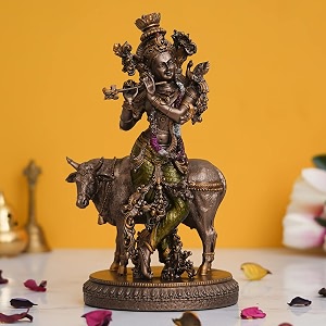 ecraftindia bronze resin lord krishna idol playing flute with cow statue shree krishna murti lord krishna statue for home decor pooja room god idol showpiece gift for krishna janmashtami diwali
