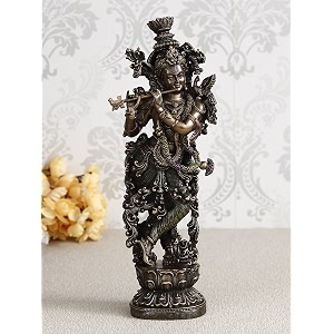 ecraftindia handcrafted polyresin bronze finish lord krishna idol playing flute amp standing on lotus flower statue for pooja room home living room office decor - gift for hindu devotees janmashtami