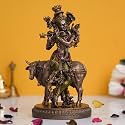 eCraftIndia Bronze Resin Lord Krishna Idol Playing Flute with Cow Statue| Shree Krishna Murti| Lord Krishna Statue for Home Decor Pooja Room| God Idol Showpiece| Gift for Krishna Janmashtami Diwali