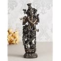 eCraftIndia Handcrafted Polyresin Bronze Finish Lord Krishna Idol Playing Flute &amp; Standing On Lotus Flower Statue For Pooja Room, Home, Living Room, Office Decor - Gift For Hindu Devotees, Janmashtami