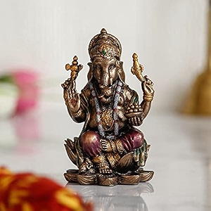 ecraftindia resin bronze chaturbhuj lord ganesha idol sitting on lotus flower- ganesha idol for home decor office car dashboard- ganesha statue for puja room- ganpati murti god statue gift for diwali