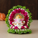 Artisyn Lord Ganesha Idol on Decorative Handcrafted Green Floral Plate for Home and Car Decorative Showpiece  -  12 cm