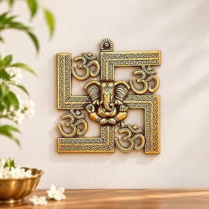 ecraftindia golden metal om swastik lord ganesha wall hanging  lord ganesha statue wall art  decorative showpiece for wall decor  diwali decoration items for home decor  housewarming diwali gift