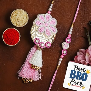 ecraftindia pink floral designer rakhis for brother and bhabhi  bhaiya bhabhi rakhi set of 2  lumba rakhi for bhabhi  best bro ever fridge magnet  roli chawal pack