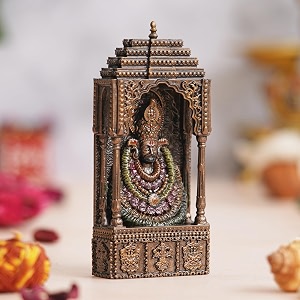 ecraftindia rustic gold handcrafted lord khatu shyam baba ji idol with temple  auspicious religious god idol for home office temple  ideal gift for devotees 55 x 25cm