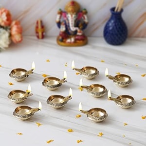 ecraftindia golden lotus flower shape decorative brass diya for diwali pooja 10 handcrafted designer brass diya