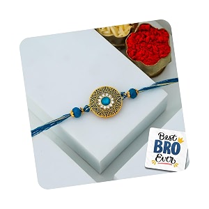 ecraftindia golden blue beads diamond designer rakhi for brother with gift combo set  raksha bandhan rakhi for bhaiya bhabhi bhai kids  best bro ever fridge magnet  roli chawal pack