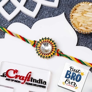 ecraftindia green yellow red beautiful flower kundan designer rakhi for brother with gift combo set  raksha bandhan rakhi for bhai bhaiya  best bro ever fridge magnet  roli chawal pack