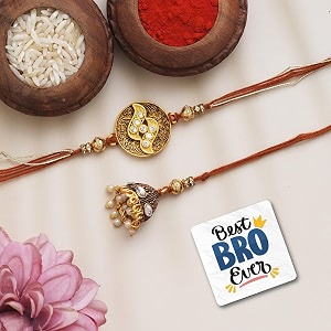 ecraftindia brown amp golden bhaiya bhabhi rakhi set with best bro ever fridge magnet  roli chawal pack  raksha bandhan rakhi for brother and bhabhi