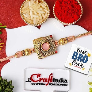 ecraftindia pastel pink golden designer fancy rakhi for brother with gift combo set  raksha bandhan rakhi for bhai bhaiya kids boy  best bro ever fridge magnet  roli chawal pack