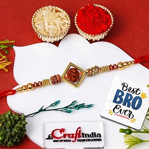 ecraftindia rudraksha rakhi for brother with gift combo set hamper  single raksha bandhan rakhi for bhai bhaiya kids boy  best bro ever fridge magnet  roli chawal pack