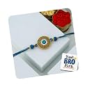 eCraftIndia Golden Blue Beads Diamond Designer Rakhi for Brother With Gift Combo Set | Raksha Bandhan Rakhi for Bhaiya Bhabhi Bhai Kids | Best Bro Ever Fridge Magnet | Roli Chawal Pack