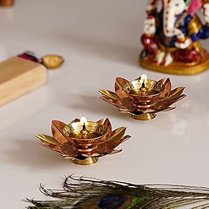 ecraftindia golden lotus flower shape decorative brass diya set of 2 for diwali pooja home temple amp festive decoration  traditional oil lamp for puja diwali amp gifting
