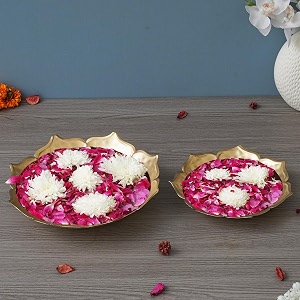ecraftindia set of 2 golden metal decorative lotus urlis -urli for floating flowers - diwali decoration items for home decor - housewarming diwali gift