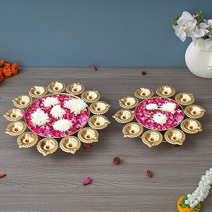 ecraftindia set of 2 golden metal handcrafted flower decorative urlis for floating flowers - diwali decoration items for home dcor