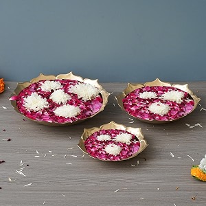 ecraftindia set of 3 golden metal handcrafted decorative lotus urli bowl for home decor-diwali decoration items for home decor - housewarming diwali gift