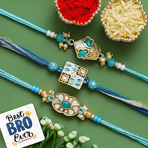 ecraftindia set of 3 kundan beads floral designer rakhis  best bro ever fridge magnet  roli chawal pack  rakhi for brother bhaiya bhai bhabhi kids